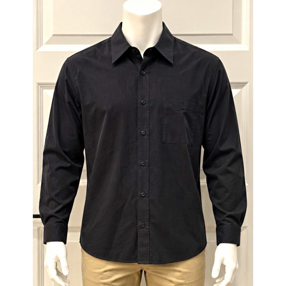 Alfani Men's Black Solid Long Sleeve Dress Shirt L Point Collar Pocket